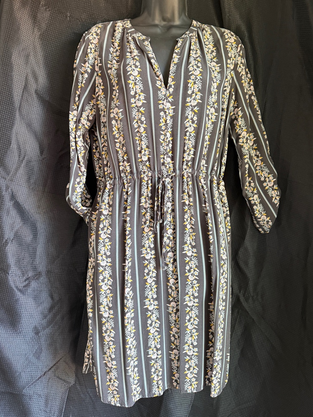 LOFT Gray Striped Floral Tie-Waist Midi Dress